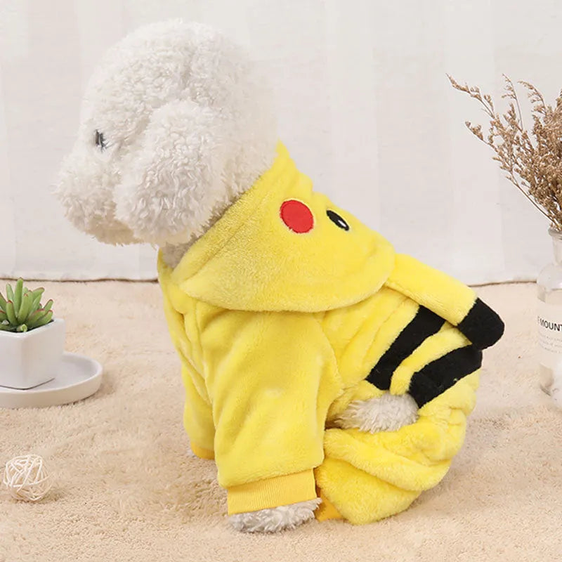 Cat wearing fleece hoodie coat with cartoon design for autumn winter indoor wear