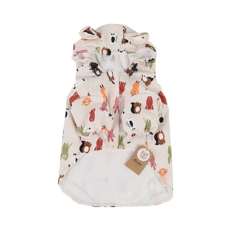 Beige cartoon dog raincoat with waterproof coating in cat head design