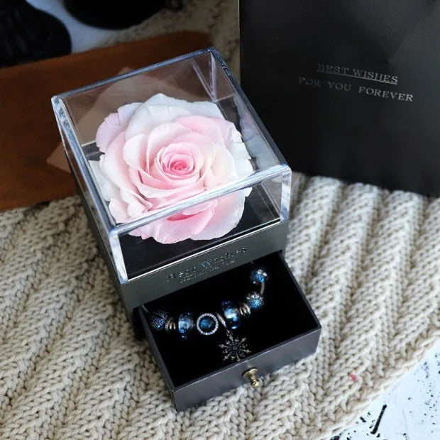 Eternal Flower Rose Jewelry Box with preserved roses and carnations in 8.5x8.5x10.5 cm keepsake box