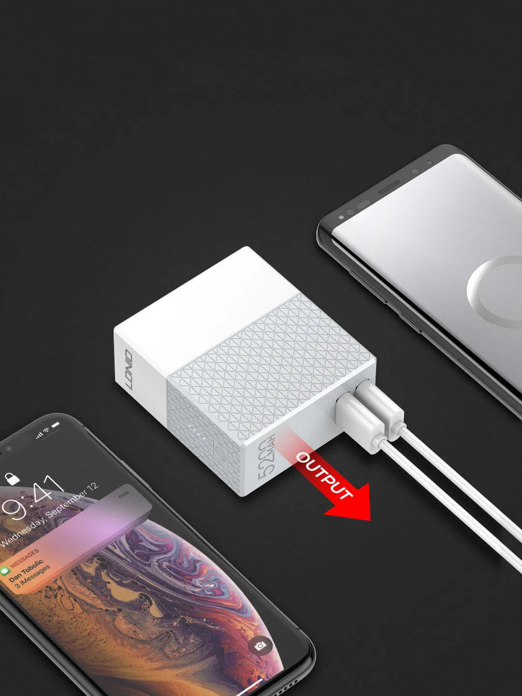 White two-in-one power bank charger with 5200mAh capacity and multiple plug standards