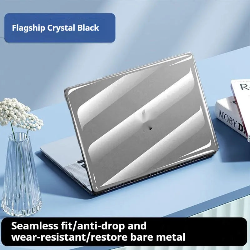 Transparent hard protective shell for MacBook Air and Pro laptops on a desk