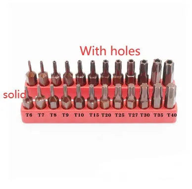 Set of 12 black magnetic screwdriver bits with T6 to T40 sizes and hollow or solid hexagon tips