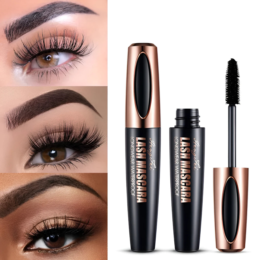 Black waterproof mascara tube for thick, curled lashes with opp bag packaging.