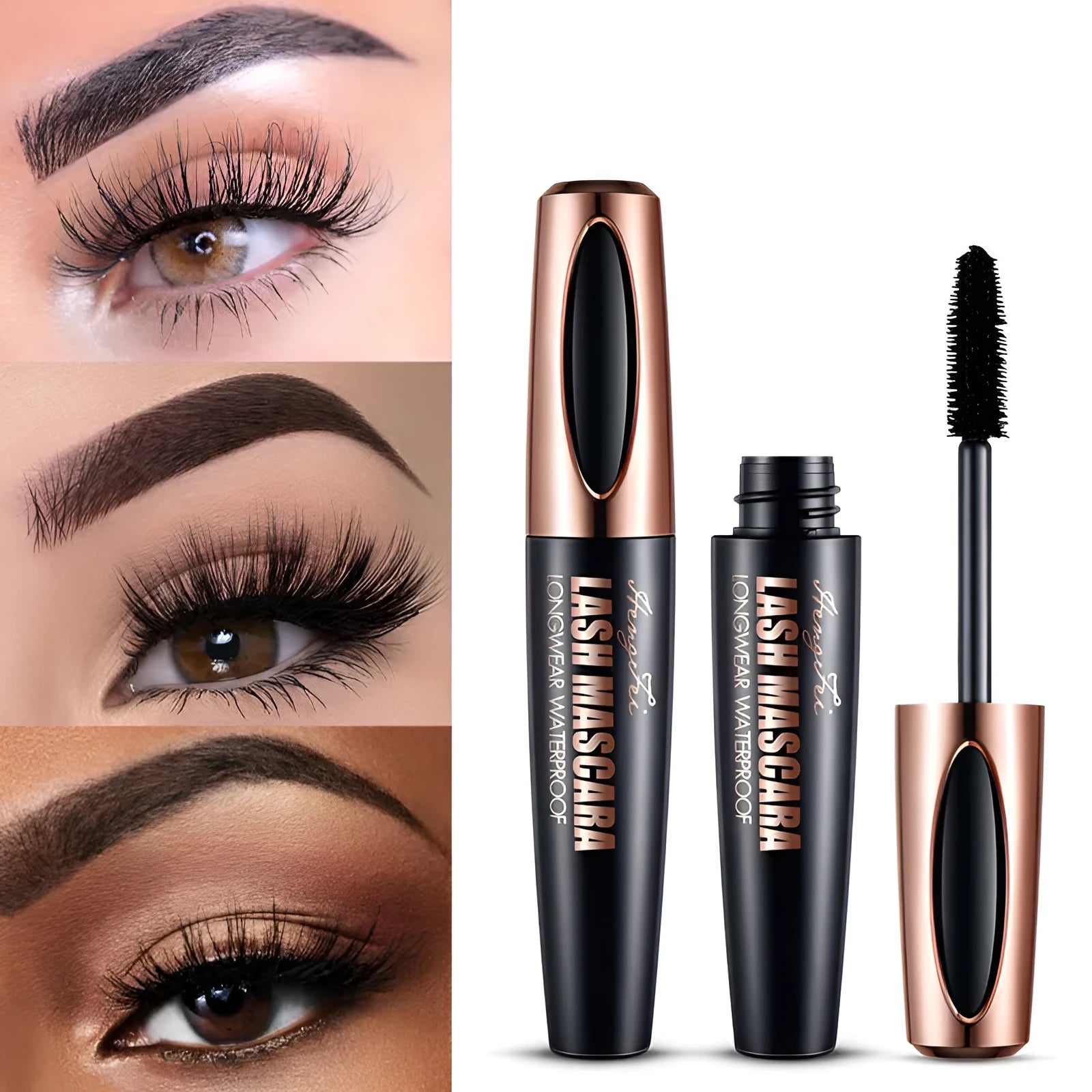 Black waterproof mascara tube for thick, curled lashes with opp bag packaging.