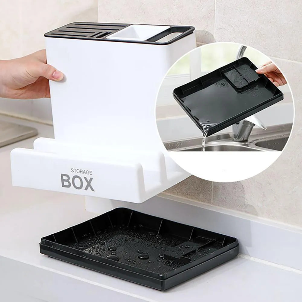 White plastic kitchen knife storage rack with integrated shelf for desktop organisation