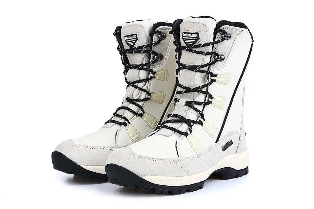 Women's mid-calf thermal snow boots in black with genuine leather upper and rubber sole for winter outdoor use