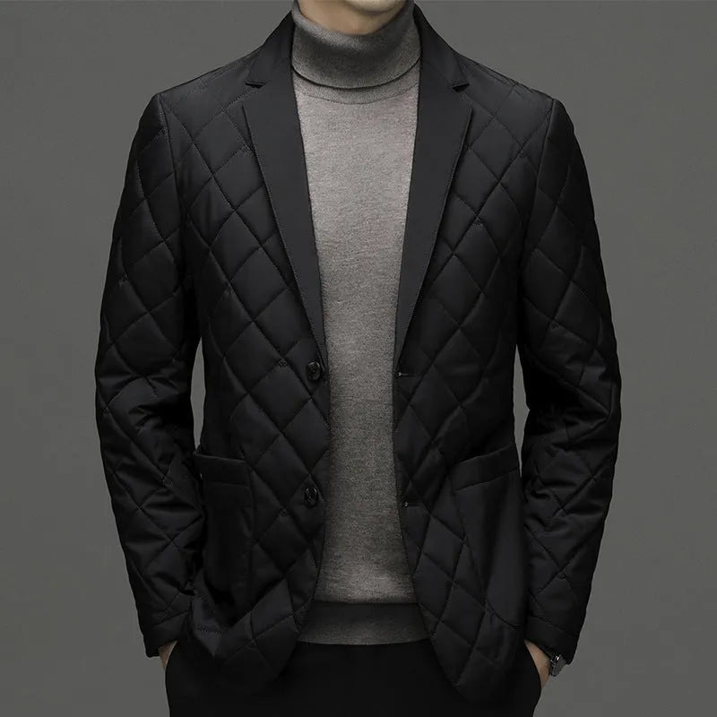 Men's winter down jacket with lapel collar in solid colour with side seam pockets