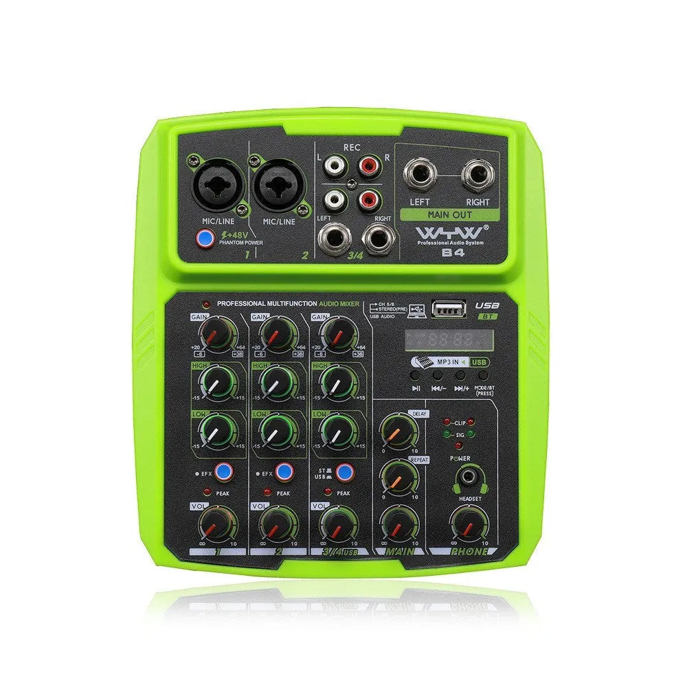 Reverb audio processor in green, red, or yellow colour with USB interface and power adapter