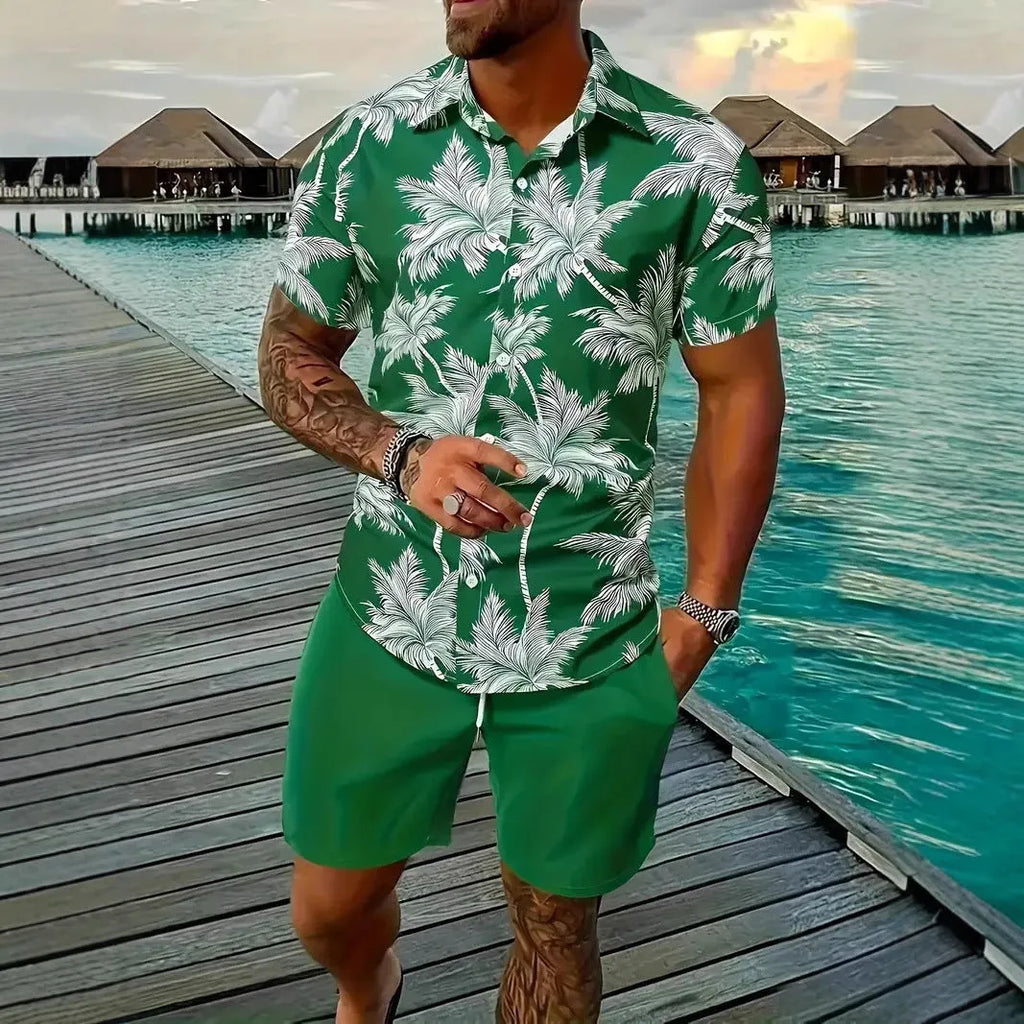 Men's Hawaii 3D printed short sleeve suit with matching shorts in vibrant patterns