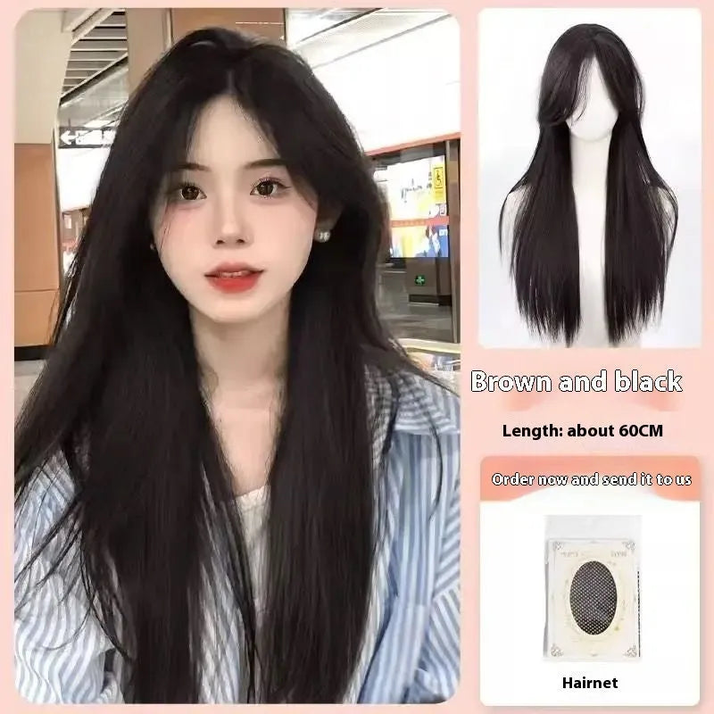 Full-head forehead lace wig in mid-length straight style with dark brown hair and styling accessories