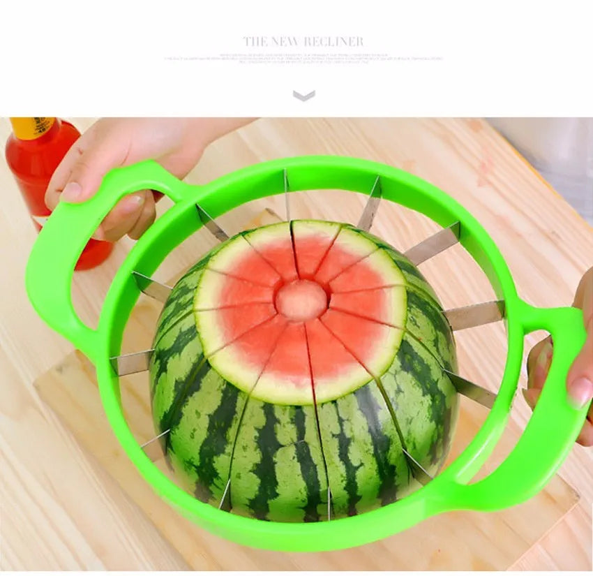 Green plastic and stainless steel melon slicer tool on a kitchen counter.