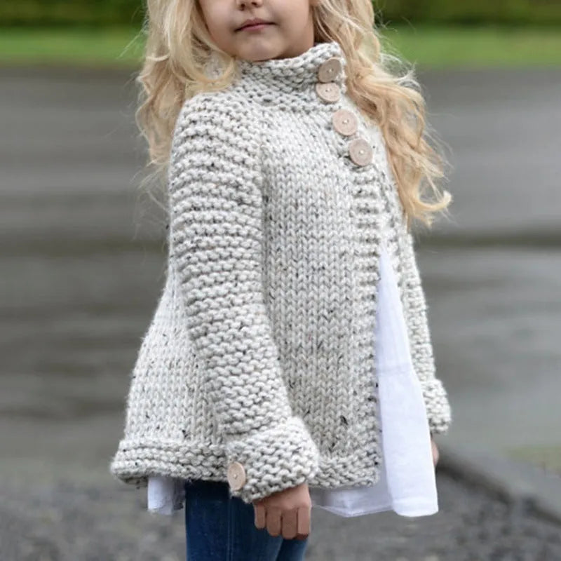 Beige girls cardigan sweater coat with single-breasted closure and long sleeves
