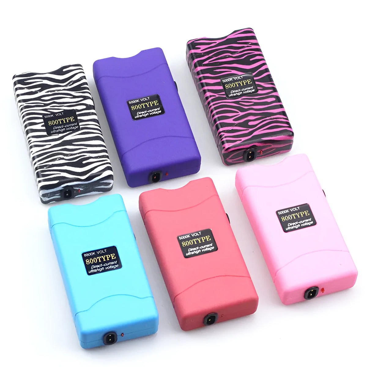 Purple women's self-defence multifunction flashlight keyring on a keyring with other colour options shown.