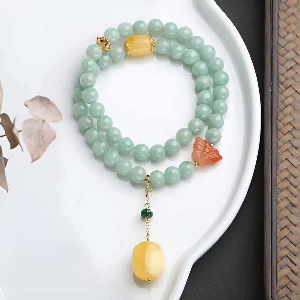 Double-layer jade bracelet with emerald round beads and beeswax barrel beads in retro geometric style