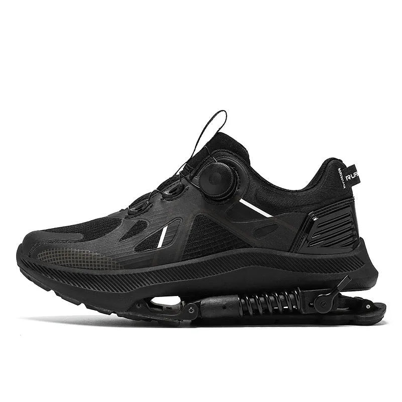Black tech running shoes with mesh upper, leather stitching, buckle fastening, and a rubber EVA sole.