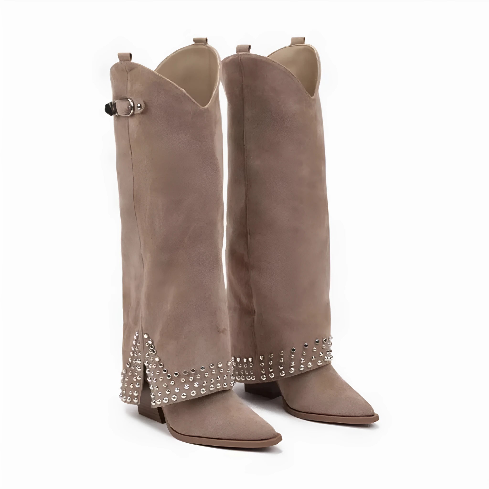 Women's black frosted rivet pantyhose boots with pointed toe and rubber sole