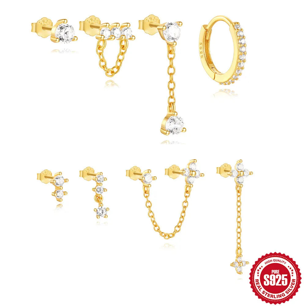 S925 sterling silver geometric clover petal earrings with gold electroplated finish, showing front and side views