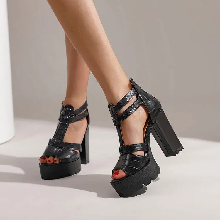 Round toe platform high heel sandals with back zipper in black, wine red, and yellow colours