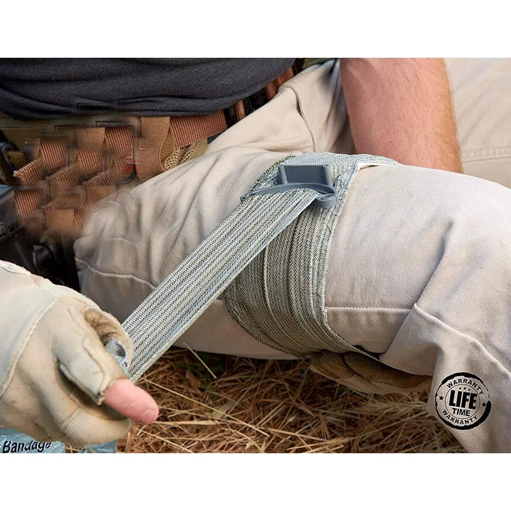 Simple and portable outdoor training hemostatic bandage in 4-inch and 6-inch sizes with tactical gauze tape.