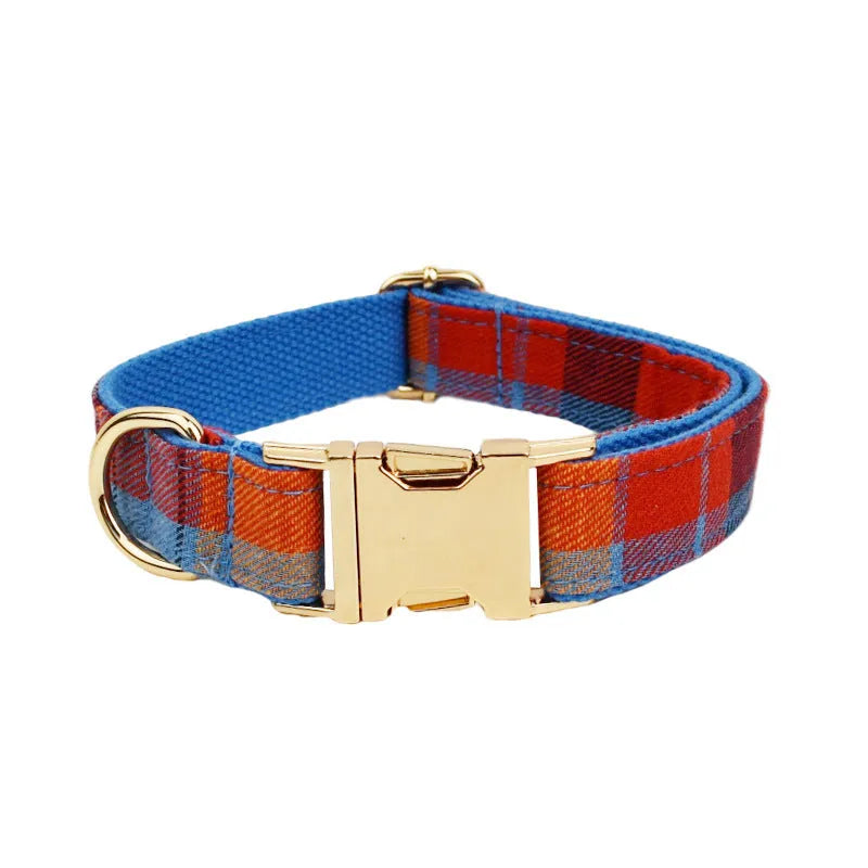 Dog accessory four-piece set showing collar, leash, vest, and bow tie in cloth fabric