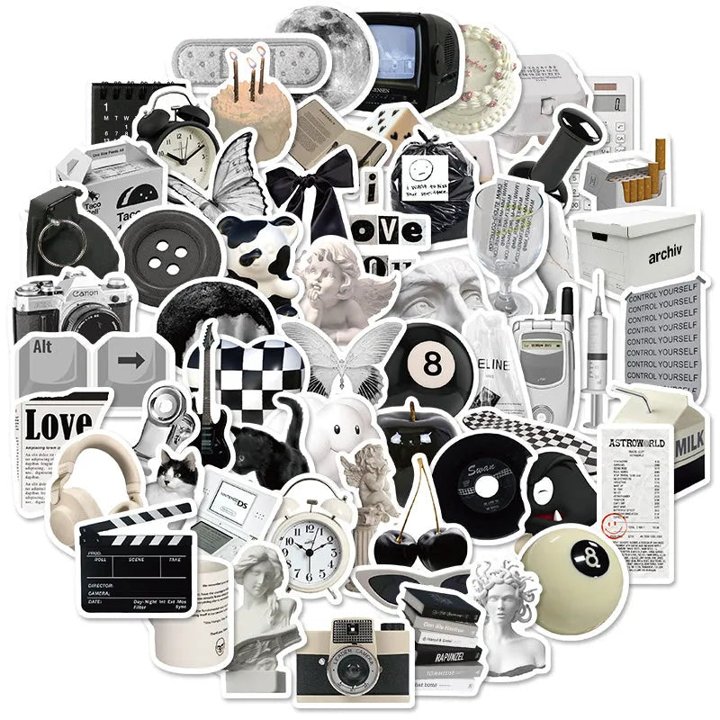 Black and white PVC waterproof sticker set with 61 designs for laptop and device personalisation