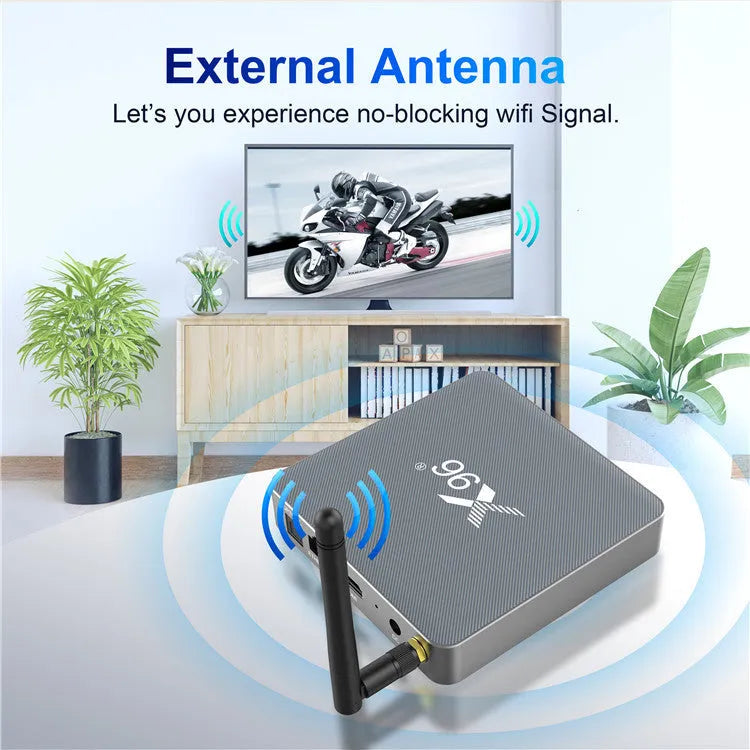 Smart voice set-top box with remote control, HDMI cable, and power adapter on a table