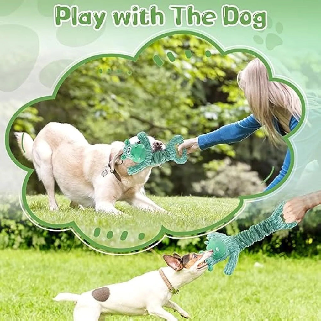 Large plush dog toy with squeaker and crinkle paper, measuring 32cm by 20cm by 10cm, for tug-of-war play