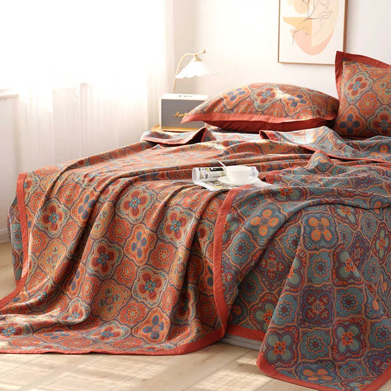 Three-piece cotton gauze bed blanket set with plant patterns in Flower Story colour options