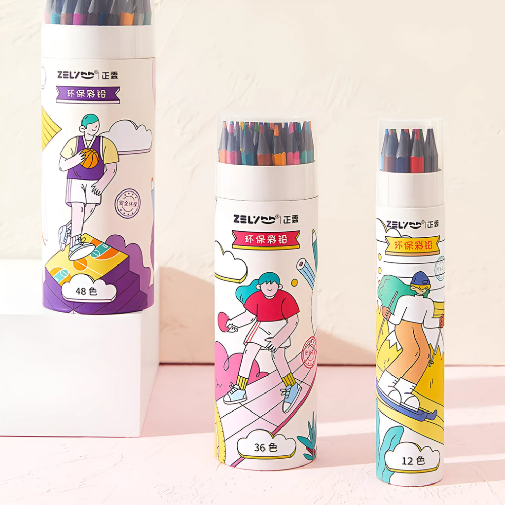Zhenglin Sports Series colouring pencils for children in a set of 24 colours with a paper barrel.