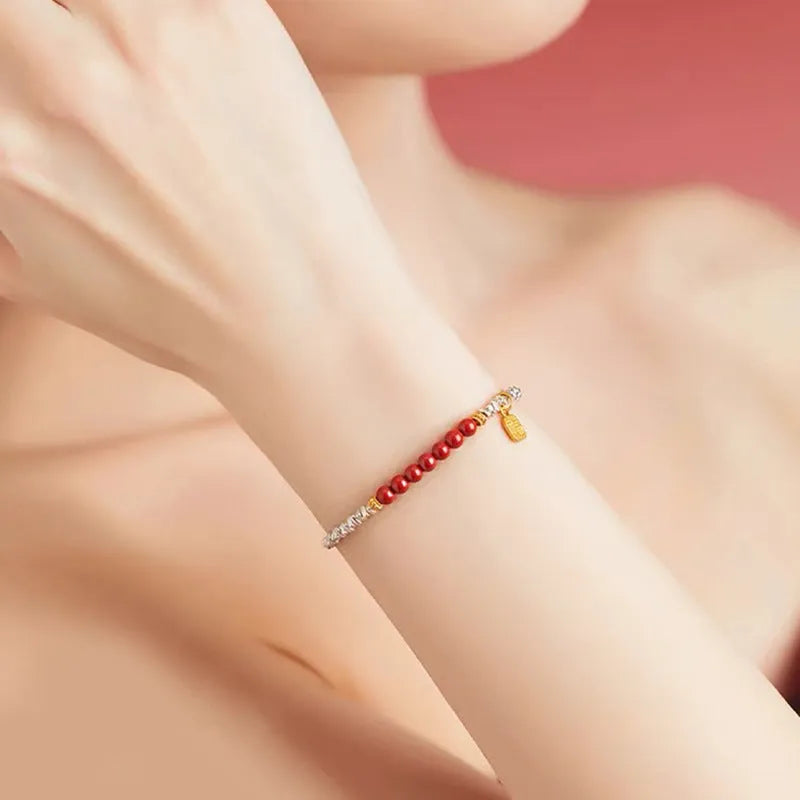 Silver electroplated copper couple bracelet with white K geometric round beads 16cm length