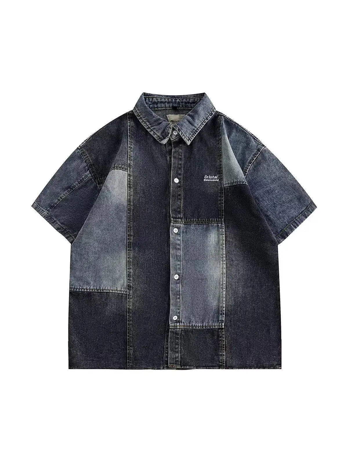 Men's blue loose-fit denim shirt with retro washed finish and cardigan style.