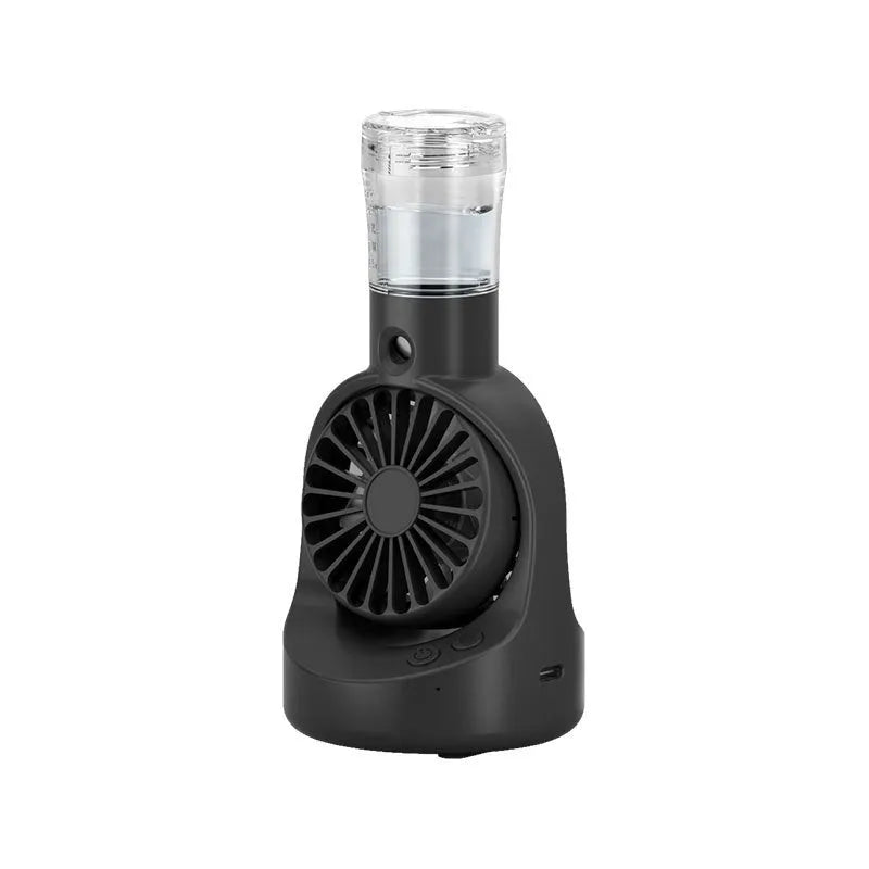 Handheld portable mist fan in various colours with transparent water tank and control button.