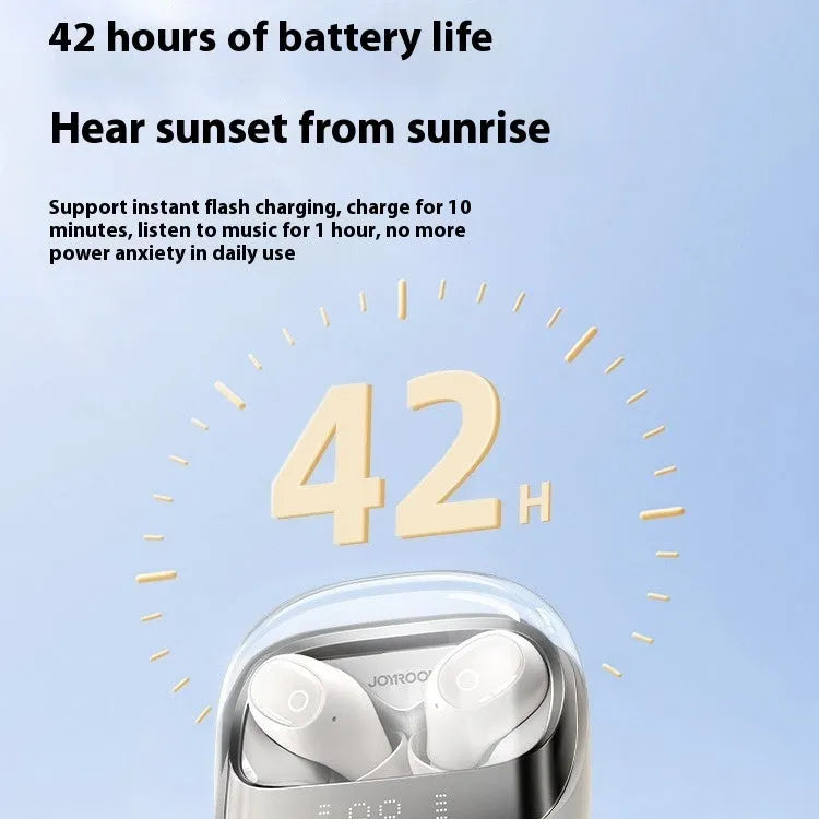 Wireless in-ear Bluetooth headset in charging case with USB cable, showing Dawn White and Starry Sky Black colour options