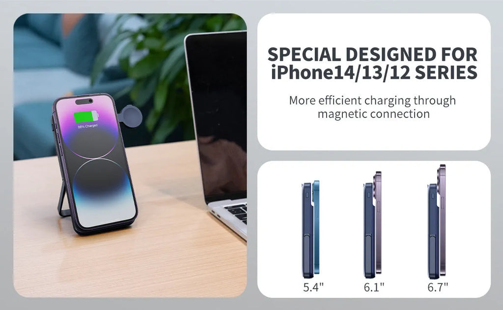 Black magnetic wireless power bank with bracket showing 10000mAh capacity and industrial design