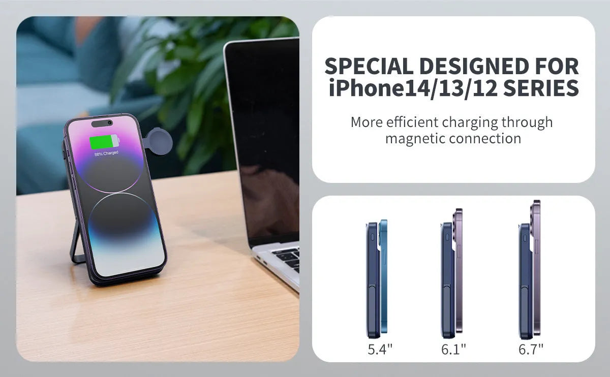 Black magnetic wireless power bank with bracket showing 10000mAh capacity and industrial design