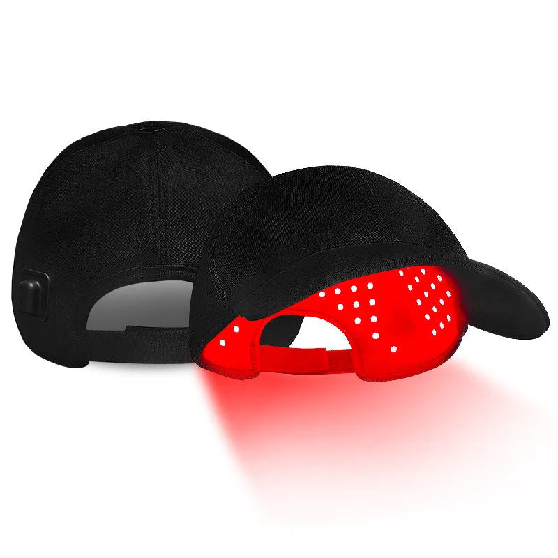 Black infrared peaked cap with 180 LED red lights for hair growth therapy, includes controller