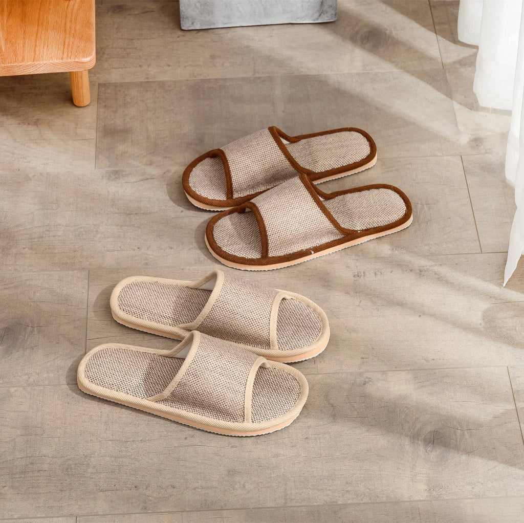 Women's open-toe linen slippers in light brown with a thickened sole.