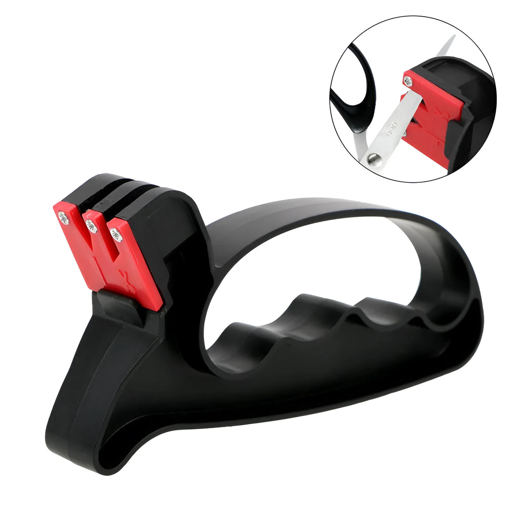 Black handheld tungsten steel knife and scissor sharpener on a kitchen counter