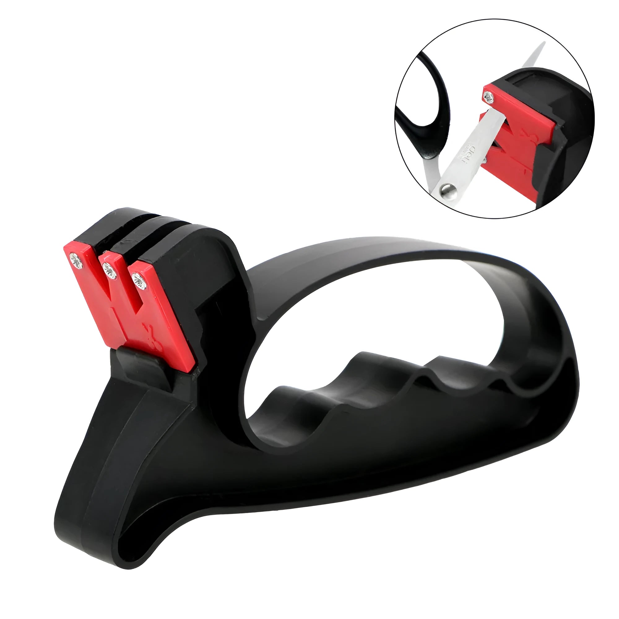 Black handheld tungsten steel knife and scissor sharpener on a kitchen counter