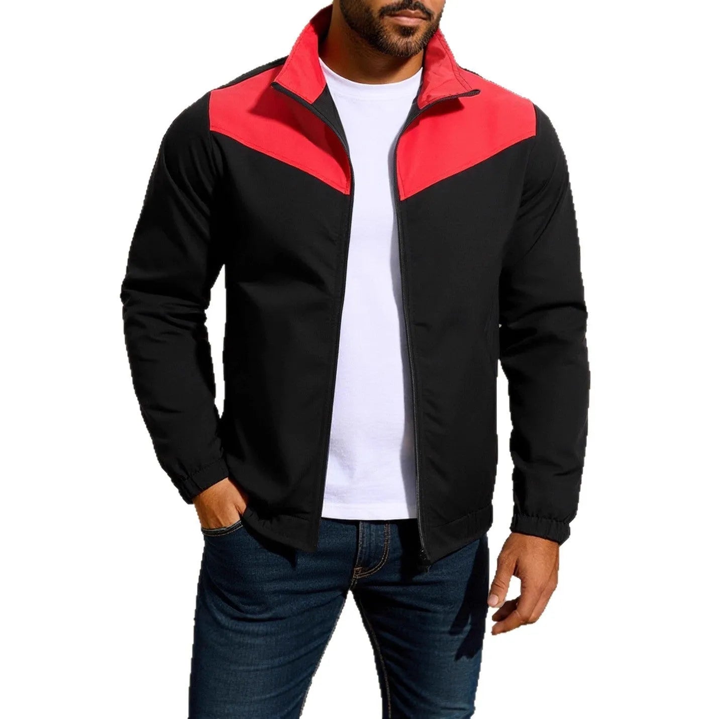 Men's windproof polyester jacket with high collar and matching zipper in red colour showing raglan sleeve design