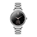 AK38 ladies smart watch with stainless steel band showing 1.09-inch display showing time and notifications