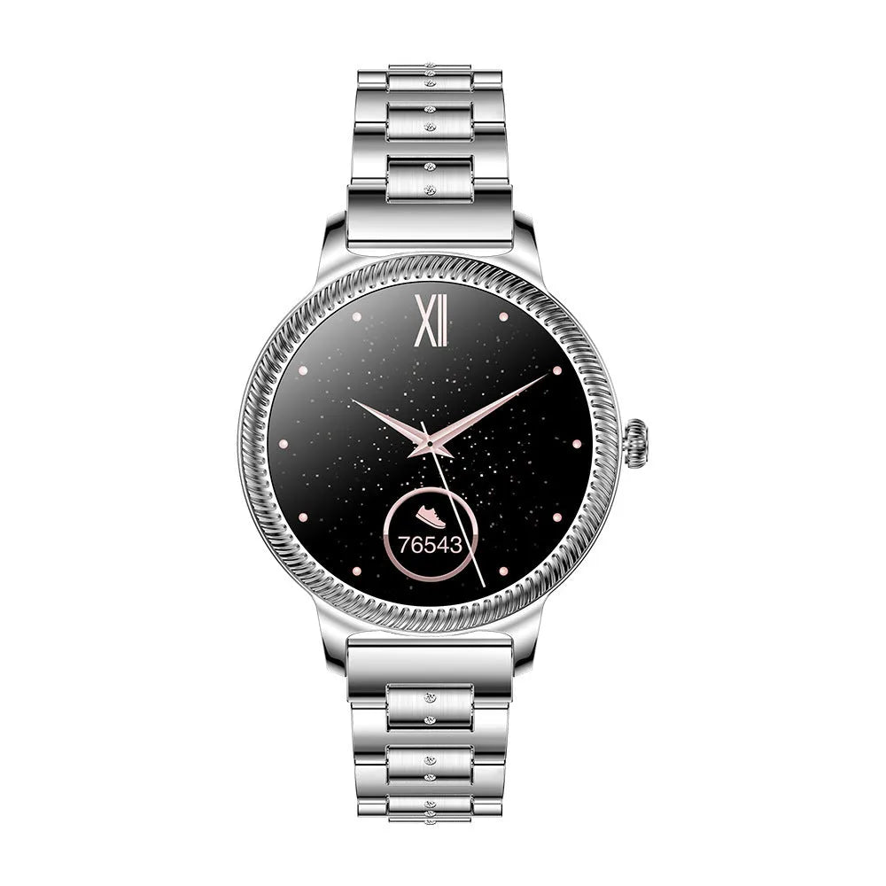 AK38 ladies smart watch with stainless steel band showing 1.09-inch display showing time and notifications