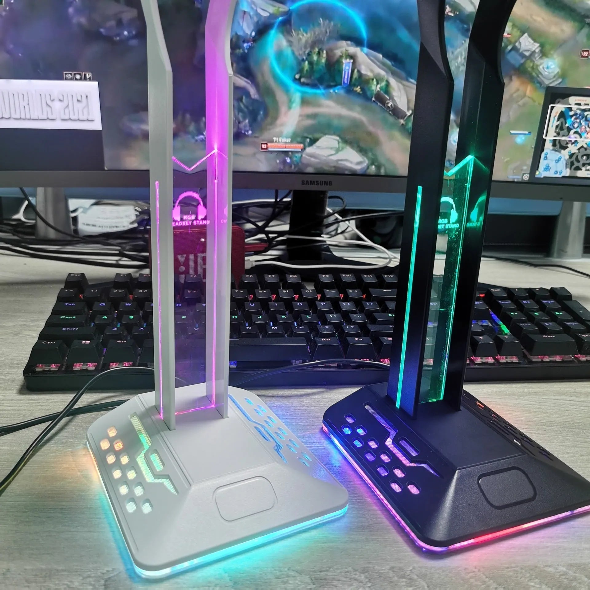 RGB colour changing headset display bracket with dual USB ports and 1.5 metre cable