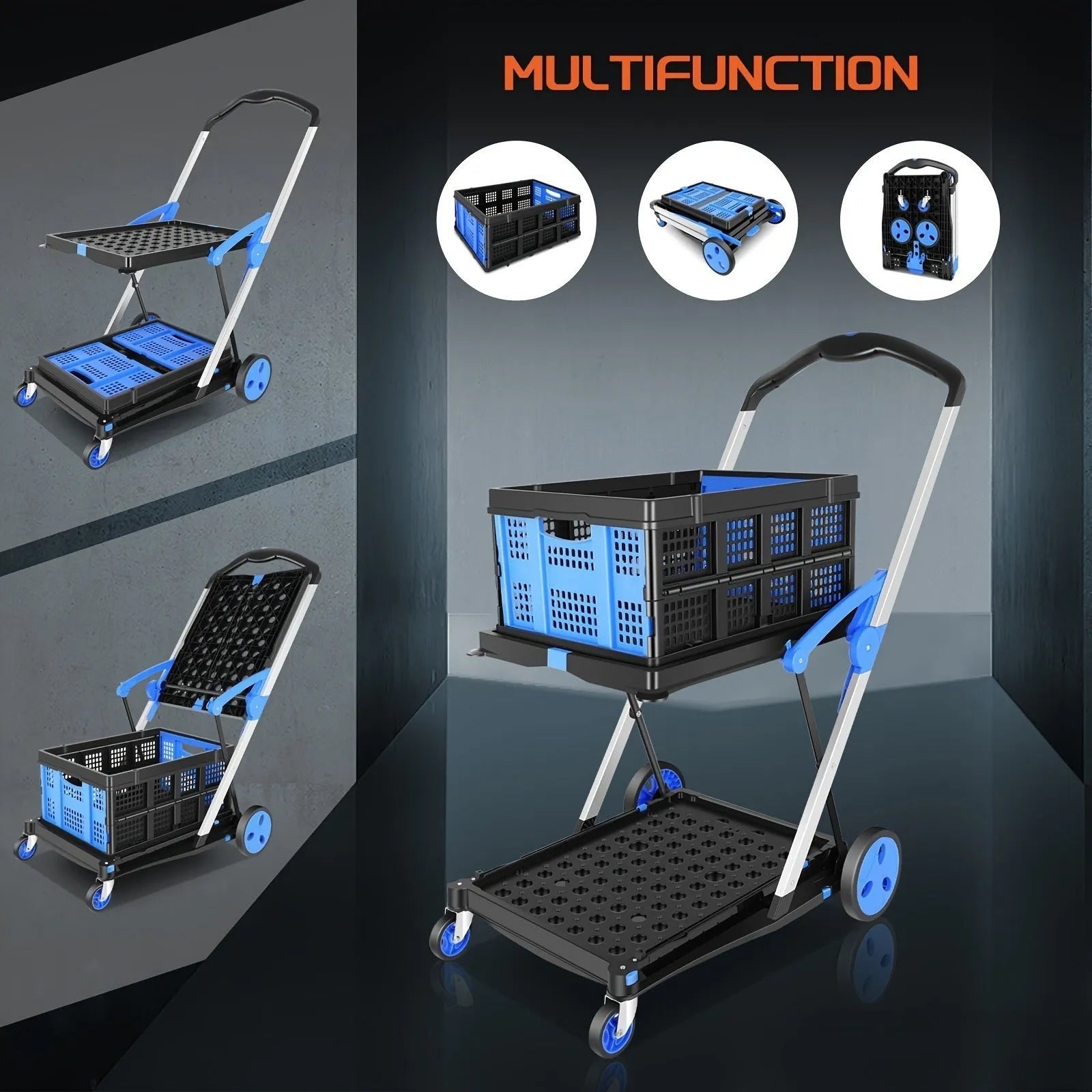 Foldable shopping cart with double plastic baskets in royal blue colour, showing folded and unfolded configurations