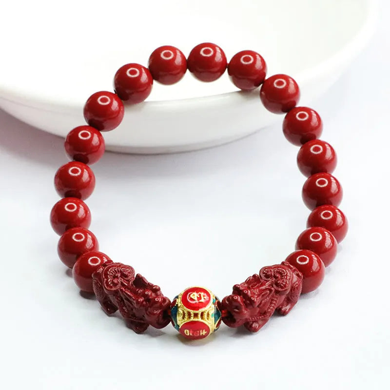 Cinnabar Double Pixiu Women's Bracelet with carved design and purple gold sand double leather show detailing