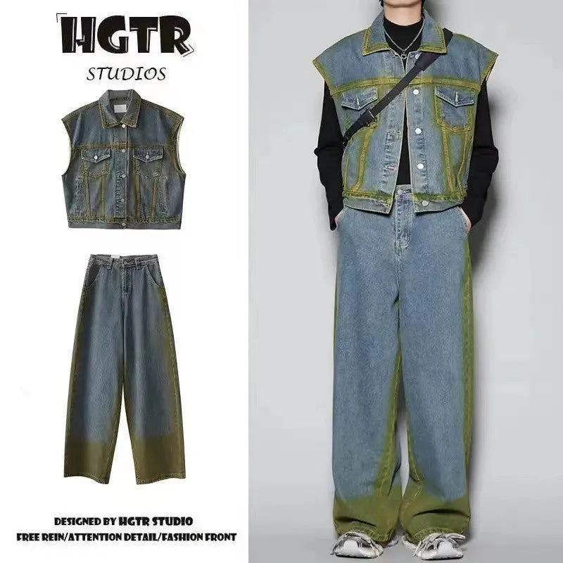 Spray colour gradient distressed vest and jeans set with fleece lining, in blue or black, showing sleeveless design and trousers.