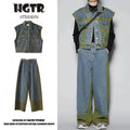 Spray colour gradient distressed vest and jeans set with fleece lining, in blue or black, showing sleeveless design and trousers.