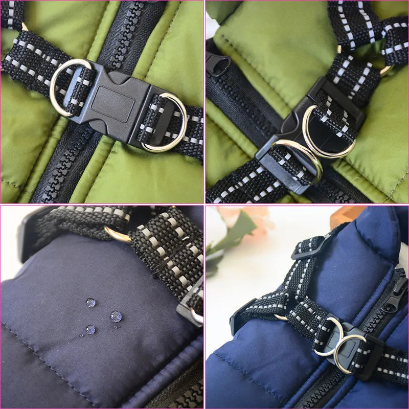 Waterproof dog coat with harness hole in rain silk fabric, available in multiple sizes and colours