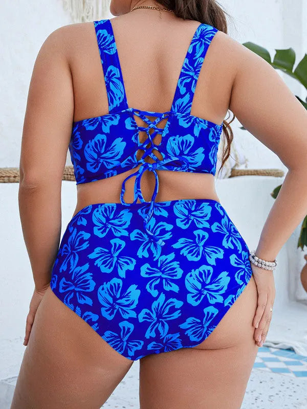 Blue floral pattern split bikini swimsuit with polyester fabric, shown in size range 0XL to 4XL