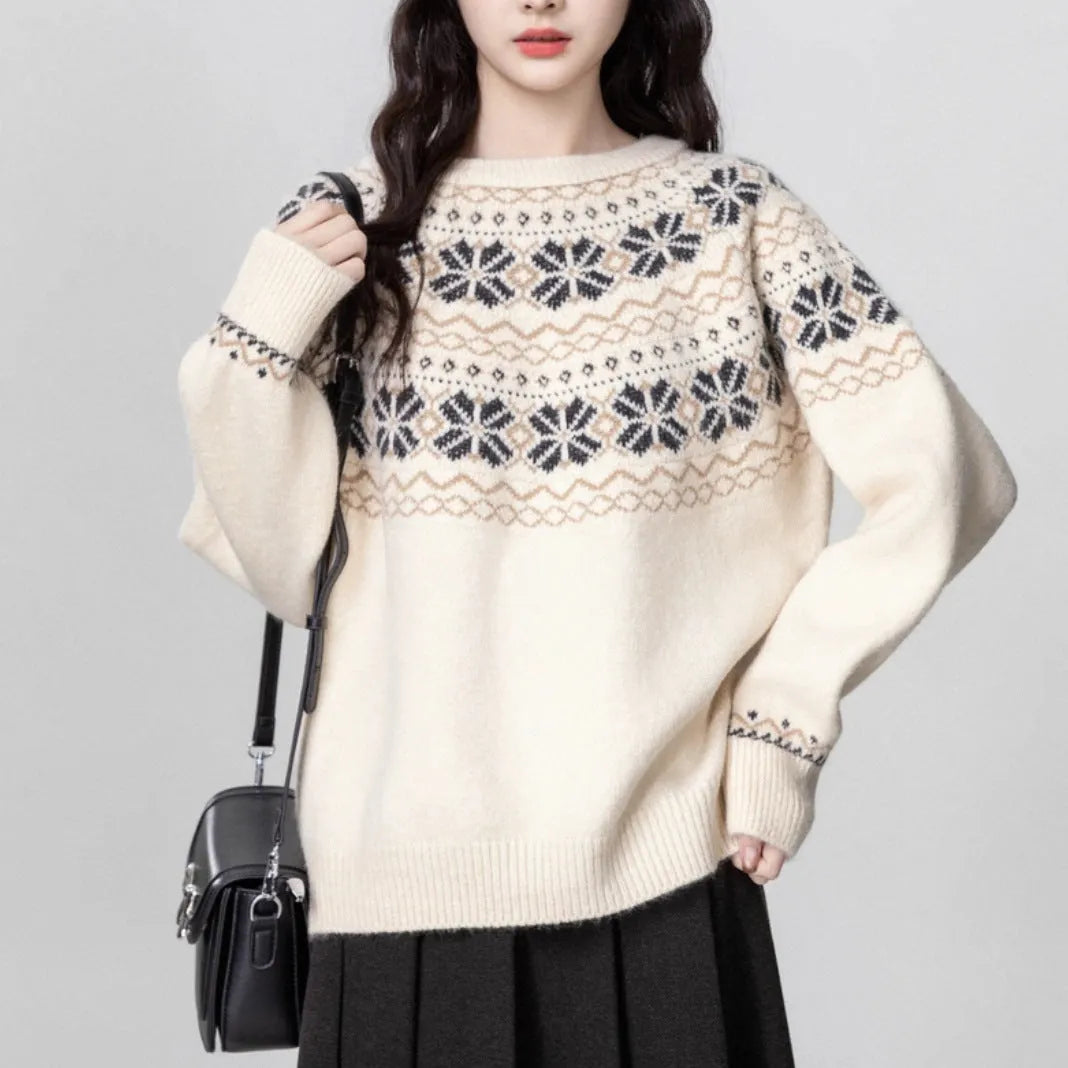 Women's vintage Fair Isle crew neck pullover sweater with geometric pattern in milky white, showing loose fit and regular sleeves